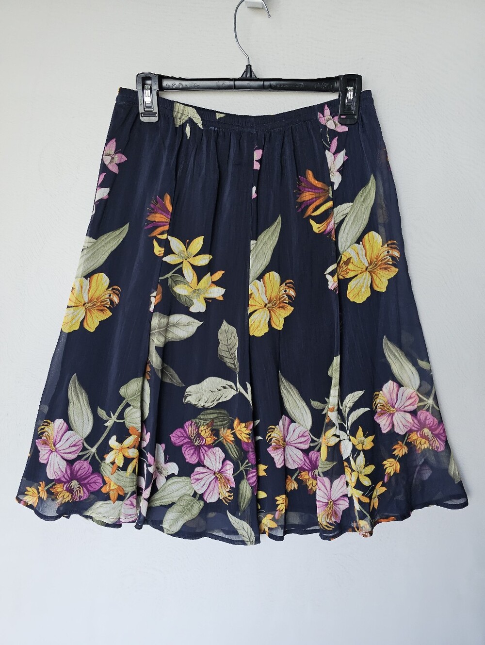 Christopher & Banks Floral Chiffon A-Line Midi Skirt Navy Blue Sz S